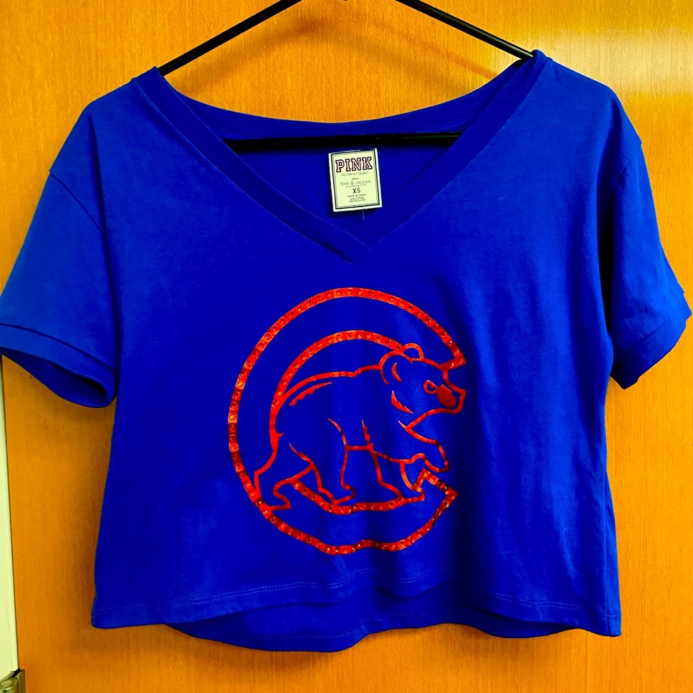NWT-Victoria Secret PINK- Blue with Red Rhinestone Crop Top-Chicago Cubs, SzXS